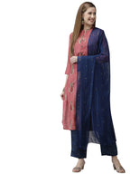 Ishin Women'S Art Silk A-Line Embroidered Beads And Stones Floral Print Rose Kurta Suit Set With Palazzo Kplfab-759D_Xxl_Rose