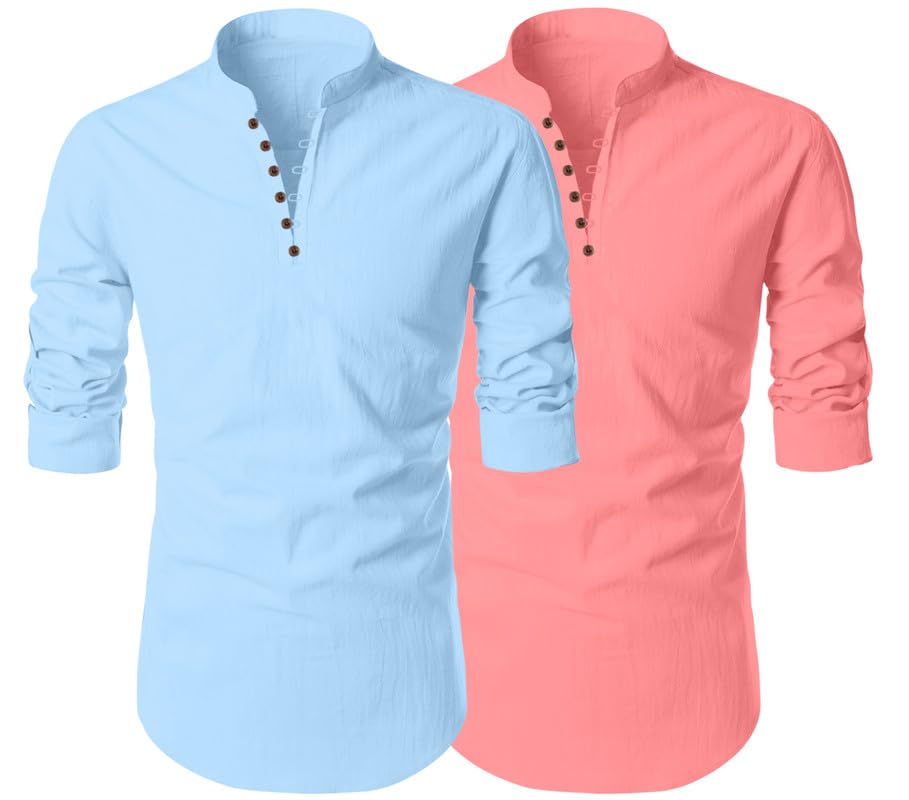 Finivo Fashion MenS Cotton Blend Regular Fit Solid Casual Kurta Shirt Pack Of 2