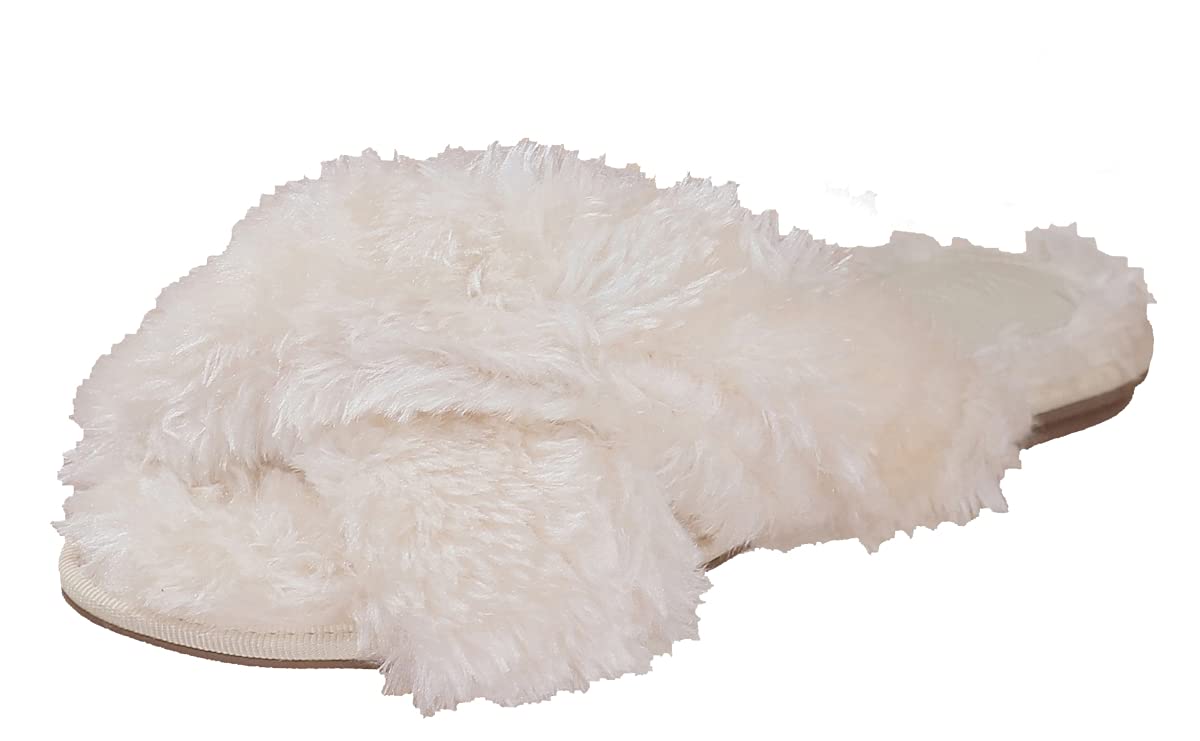 Bruno Menegatti 230189NT-7 Valentina-Nuage Fluffy Crisscross Slide Slippers  Natural - Size 7