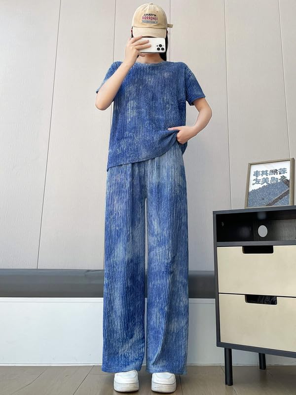 Womens Cotton Blend Tie-dye Relaxed Fit Stylish Pajama Sets || Short Sleeve Top & Long Pant Sleepwear Pjs Lounge Set Co-ords Ou
