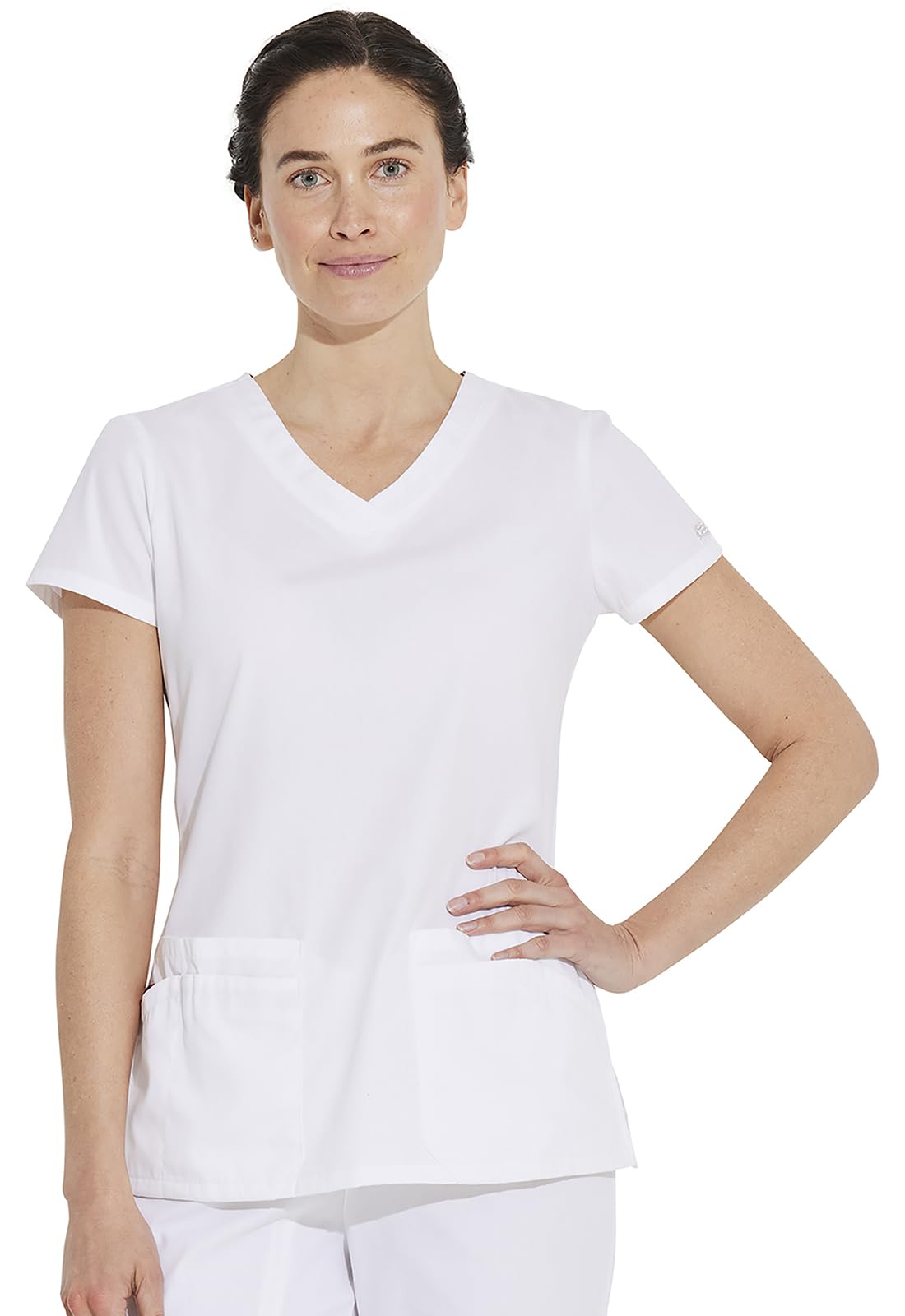 Dickies Women's EDS Signature V-Neck Top with Multiple Patch Pockets, White, Large