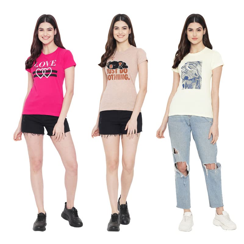 Preneum Womens Cotton Regular Fit Latest Graphic Stylish Printed Short Sleeves Casual T-Shirt || Trendy & Styling (Pack 3), Pin