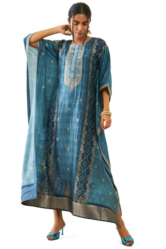 Soch Womens Blue Brocade Bandhani Print Ankle-Length Kaftan With Inner Slip