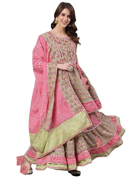 Ishin Women'S Pure Cotton Green Embroidered Anarkali Kurta Suit Set With Dupatta & Sharara Kpldpnkmp-10065_Xxl_Green