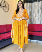 ANNI DESIGNER Womens Rayon Viscose Embroidered Anarkali Kurta with Pant & Dupatta (Kanota Yellow-VKS05_S_Yellow_Small)