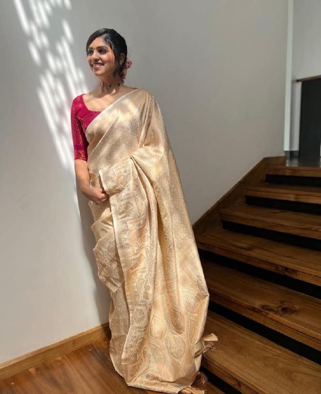 Flosive Womens Present Banarasi Soft Lichi Silk Saree Beautiful Jacquard Rich Pallu Design Work Zari Woven Kanjivaram Silk Styl