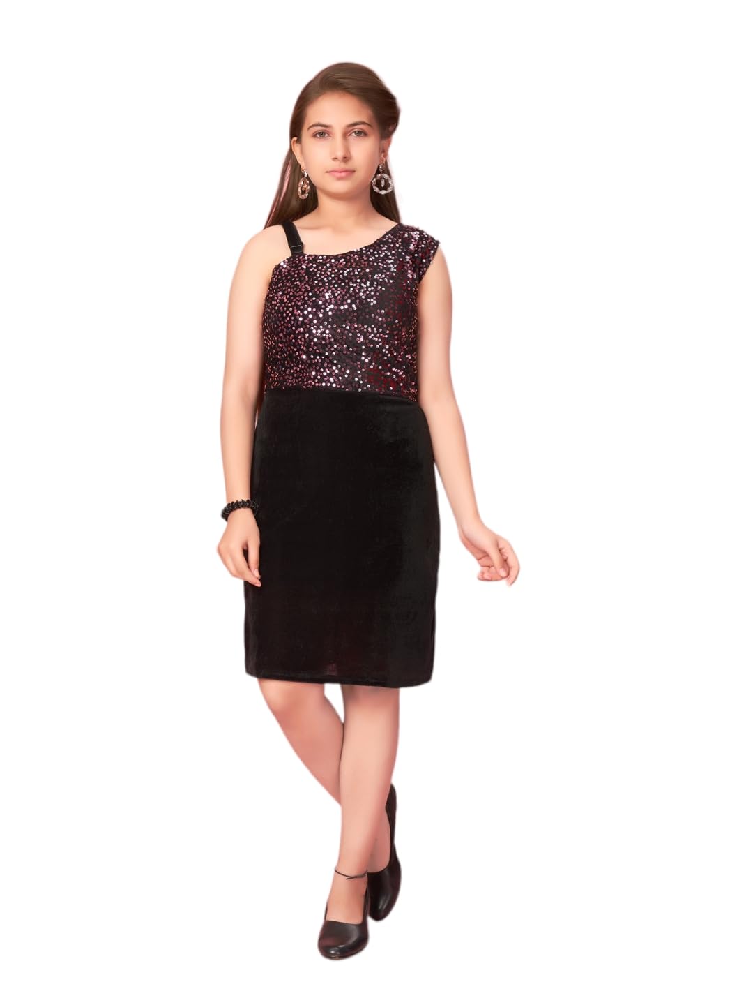 Aarika Girls Black-Pink Colour Velvet Sequin Middi (NEW_MD-A-23048-PINK-38)