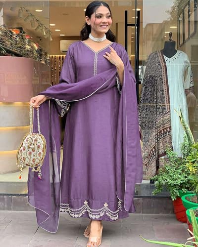 ANNI DESIGNER Womens Rayon Viscose Anarkali Embroidered Kurta with Pant & Dupatta (Ranibai Purple_L_Purple_Large)