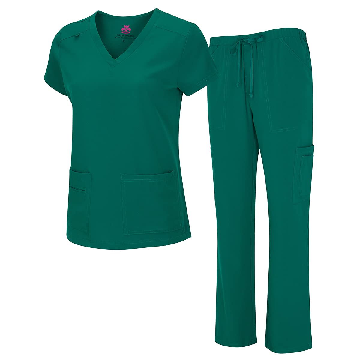 Natural Uniforms Womens cool Stretch V-Neck Top and cargo Pant Set (True Hunter green, X-Small)