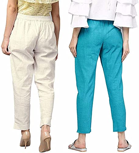 Digital Shopee Women Cotton Ankle Length Double Side Pocket Elastic Waist Regular Fit Trouser- Pack Of 2, White And Blue (Small)