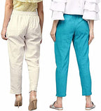 Digital Shopee Women Cotton Ankle Length Double Side Pocket Elastic Waist Regular Fit Trouser- Pack Of 2, White And Blue (Small)