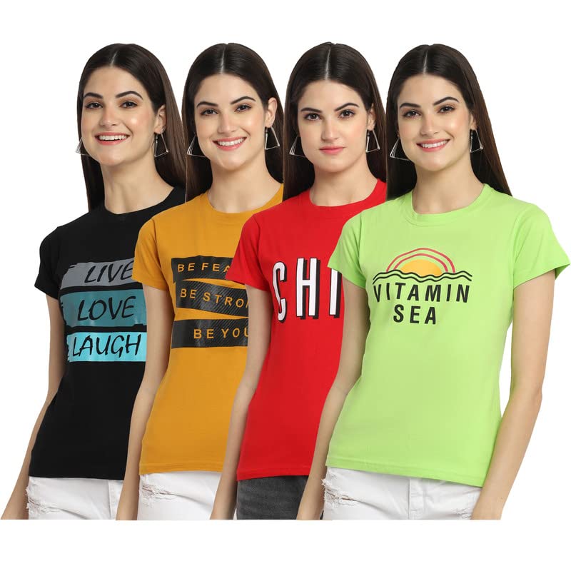 Preneum Womens Cotton Regular Fit Latest Graphic Stylish Printed Short Sleeves Casual T-Shirt (Pack 4), Black & Yellow & Red & 