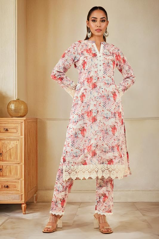 Soch Womens Red Kota Floral Printed Kurta Set With Lace Attached