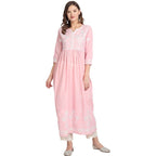 Anubhutee Women'S Cotton Pink Thread Work Floral Yoke Design A-Line Kurta Suit Set With Pants