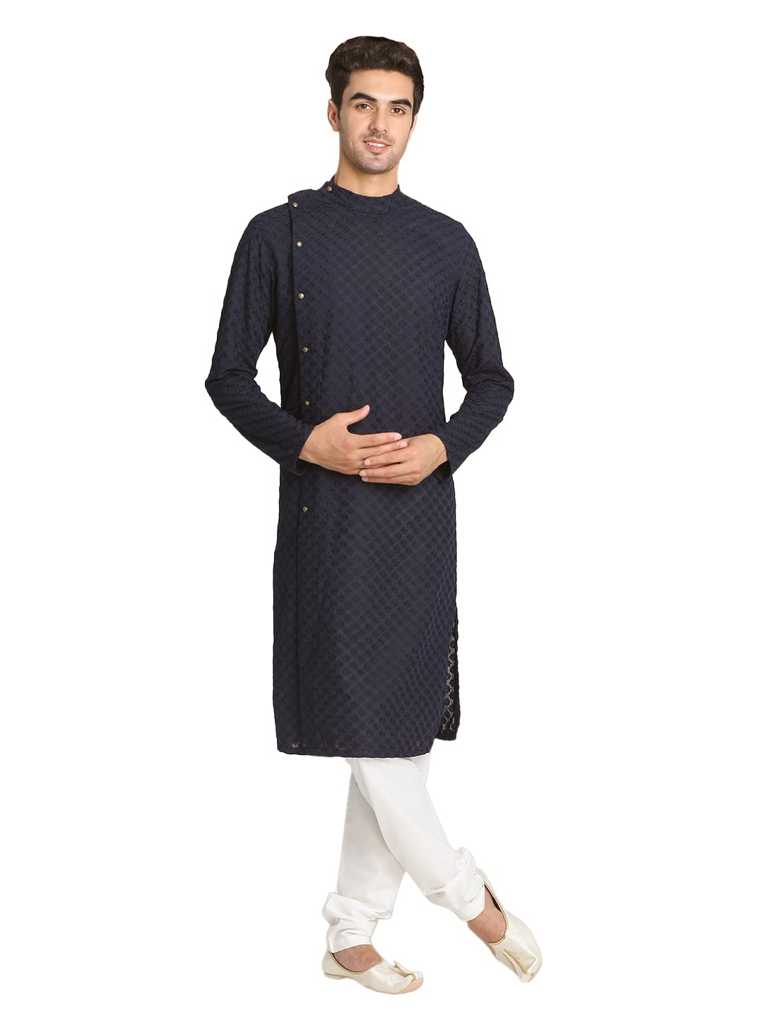 Manyavar Kurta Set Viscous Blend Full Sleeves Self Design Kurta Set For Men Blue (X-Large)