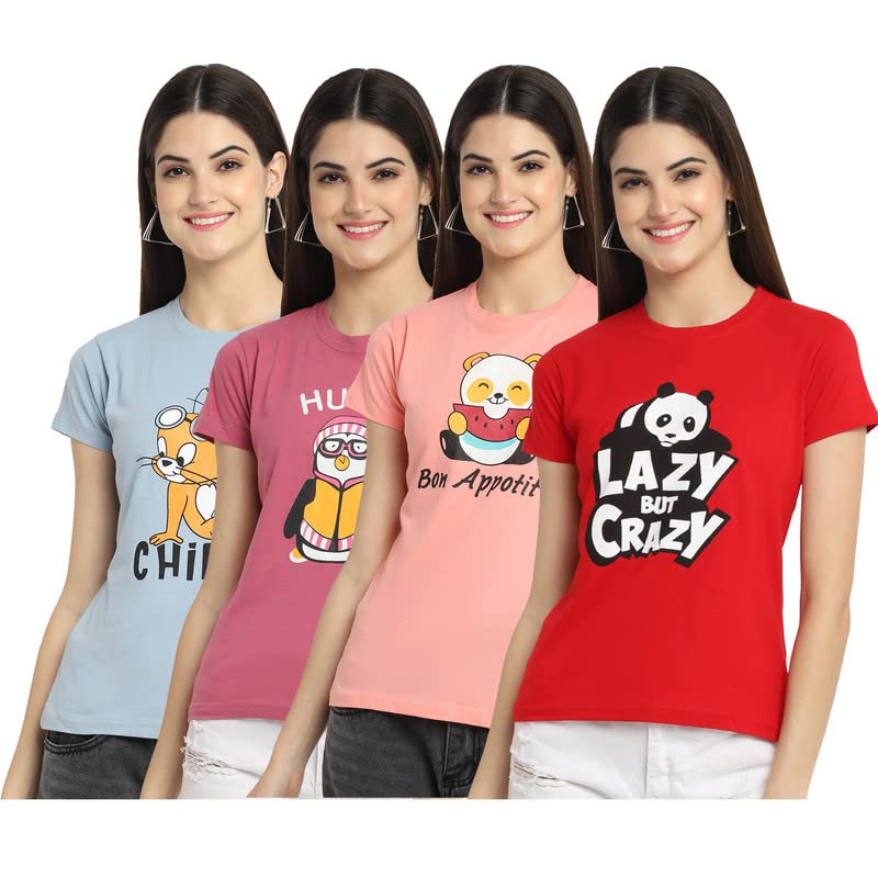 Preneum Womens Cotton Regular Fit Latest Graphic Stylish Printed Short Sleeves Casual T-Shirt || Latest Trendy & Styles (Pack 4