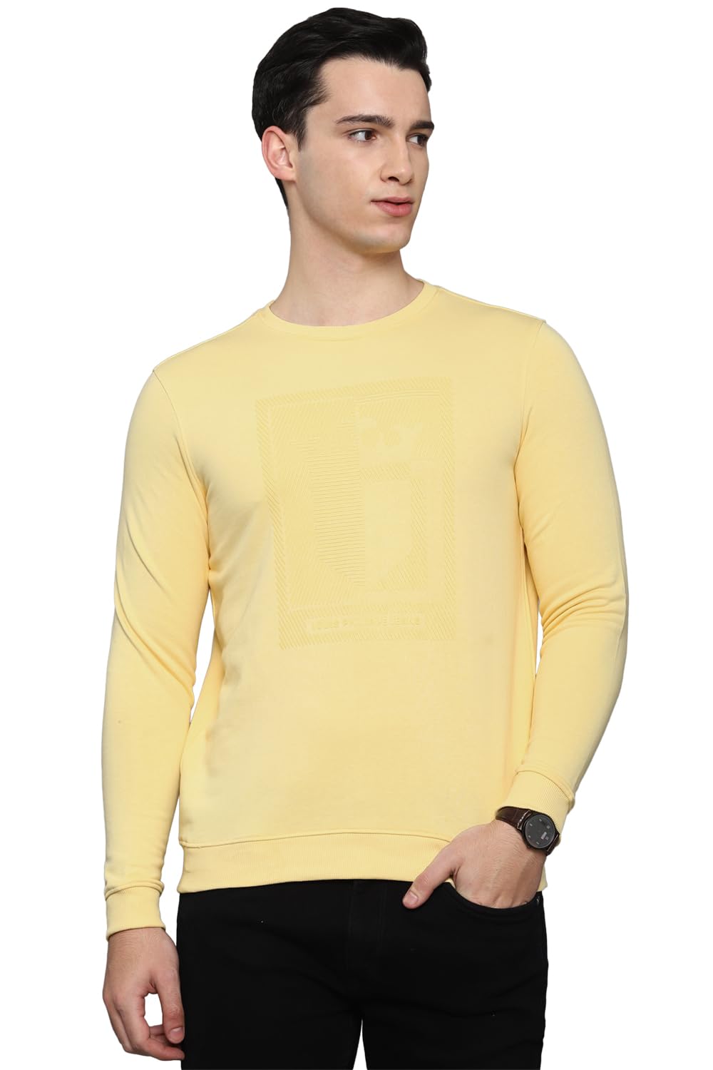 Louis Philippe MenS Cotton Casual Yellow Solid Crew Neck Regular Sweatshirt, Large