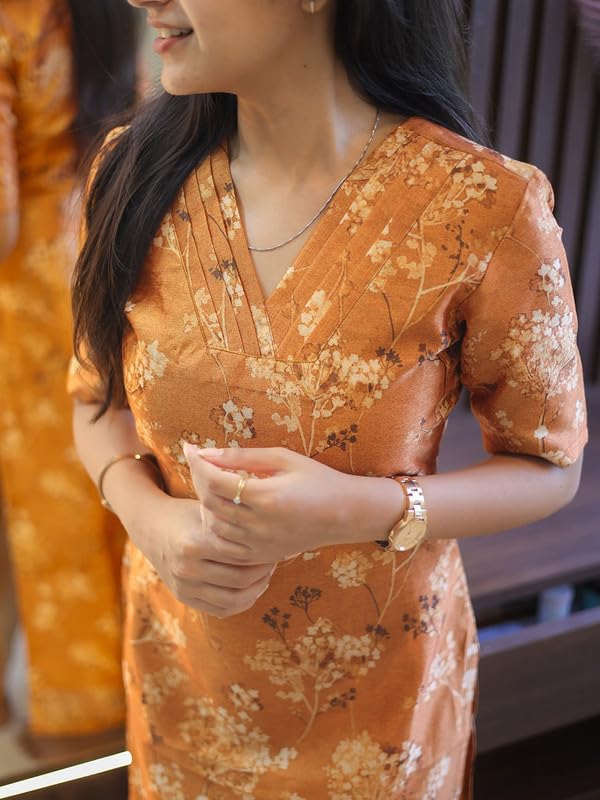 24 Carat Suit WomenS Chanderi Straight Kurti With Floral Print Elbow Length Sleeves Regular Fit V Neck And Calf Length