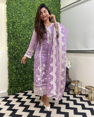 ANNI DESIGNER Womens Rayon Blend Straight Embroidered Kurta with Pant & Dupatta (Rosewood Purple_M_Purple_Medium)