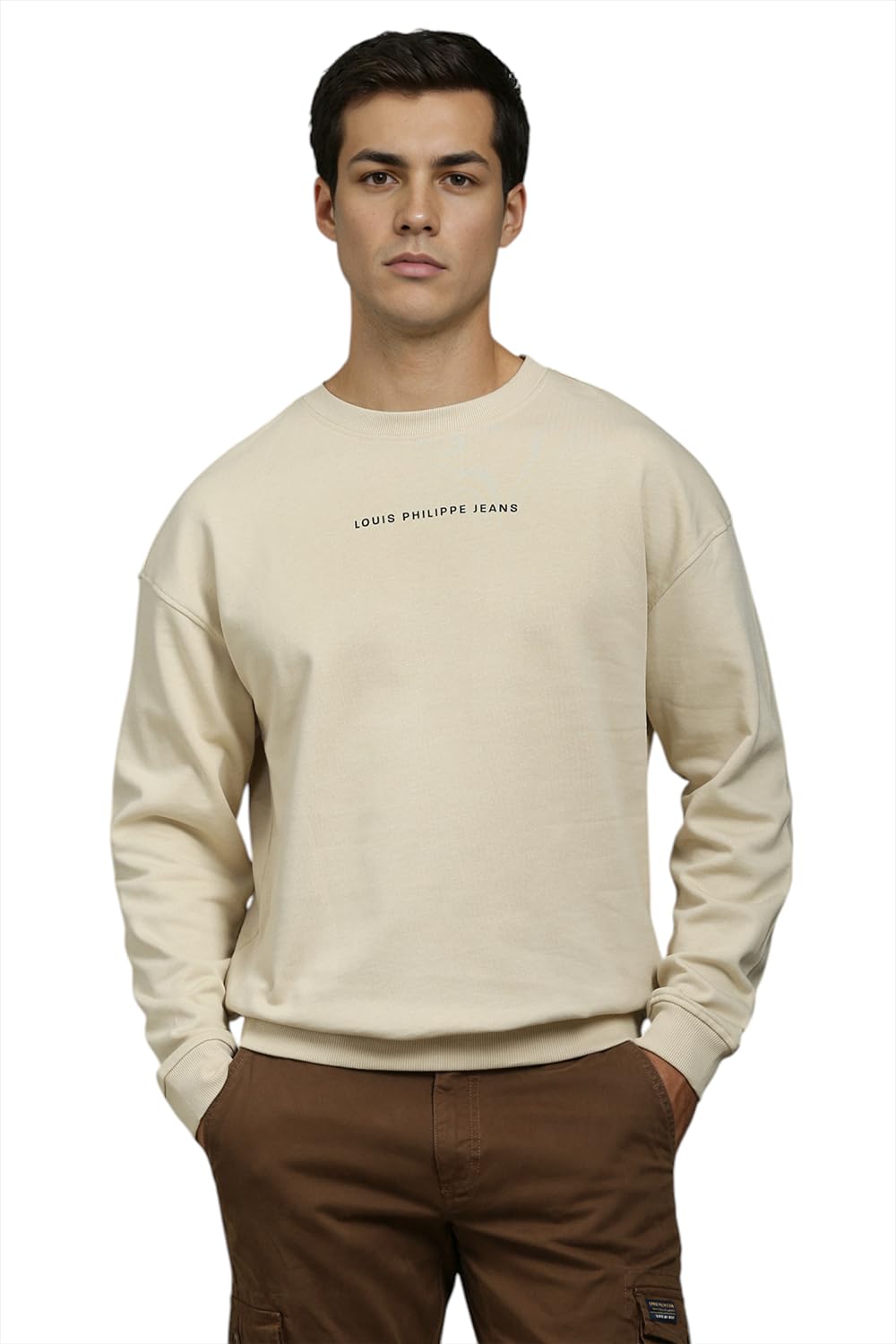 Louis Philippe Men Cotton Crew Neck Regular Casual Beige Graphic Print Sweatshirt, Medium