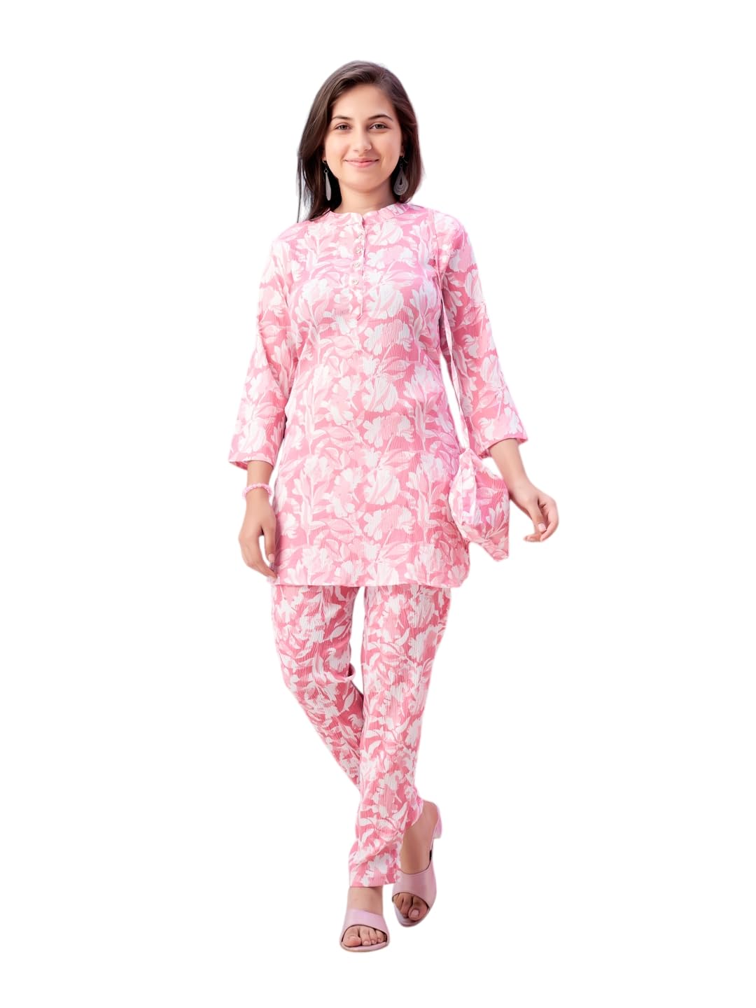 Aarika Girls Casual Wear Pink Colour Floral Print Polyester Co-ord Set-8-15 Years (KP-TR-K-967)