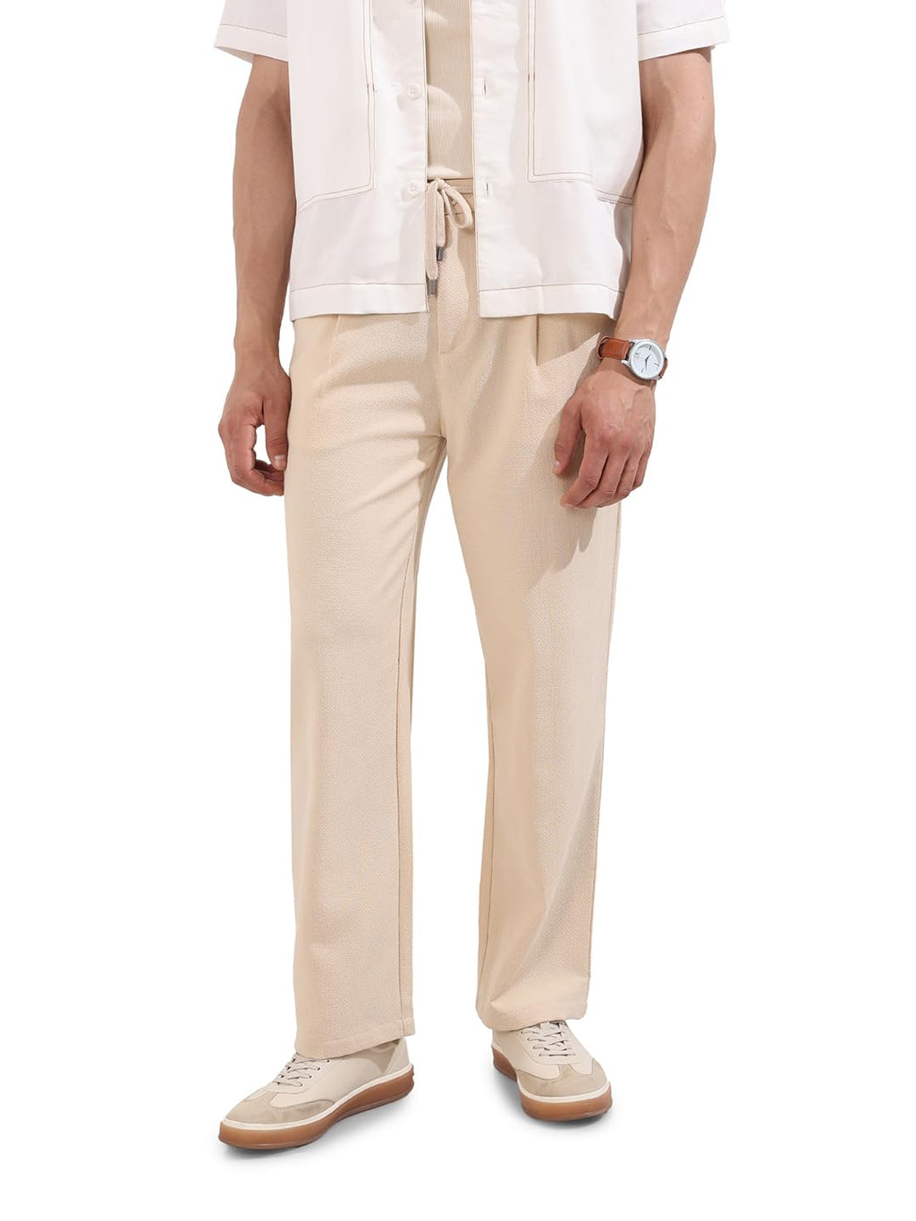 The Indian Garage Co Mens Relaxed Fit Textured Mid-Rise Stretchable Trousers Sweater
