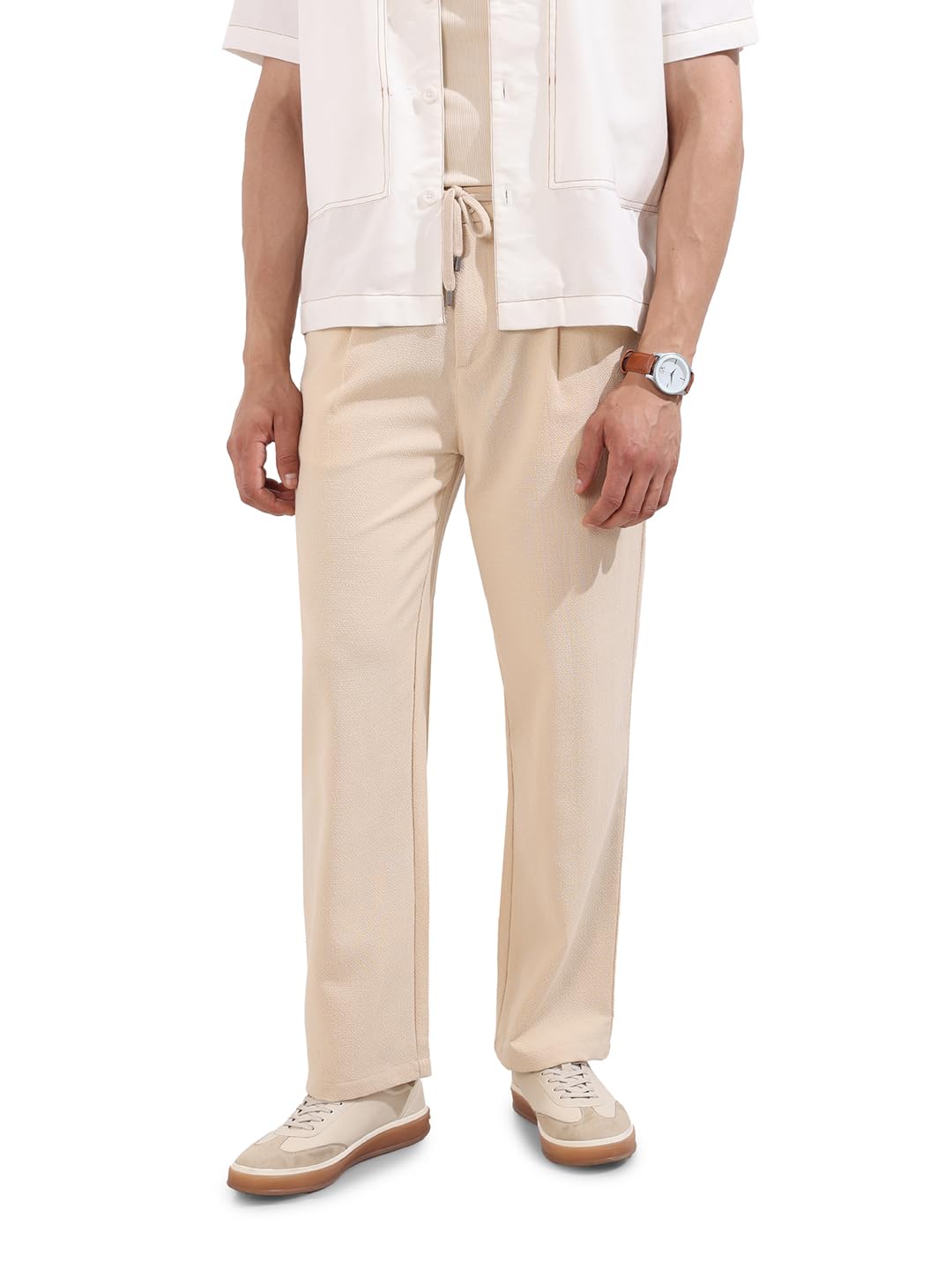 The Indian Garage Co Mens Relaxed Fit Textured Mid-Rise Stretchable Trousers Sweater