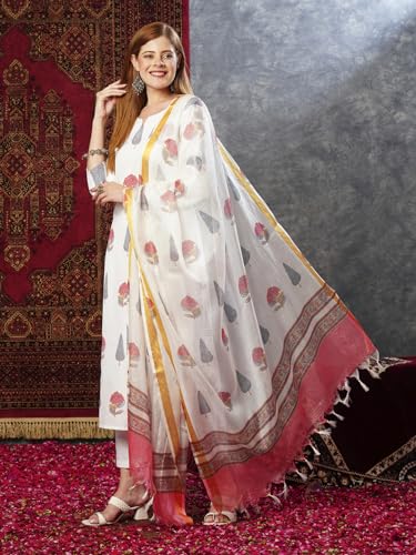 ANNI DESIGNER Womens Cotton Blend Straight Printed Kurta with Pant & Dupatta (Nairiti White-JL_L_White_Large)