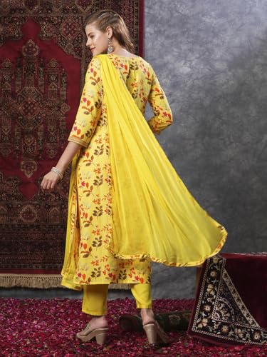 ANNI DESIGNER Womens Cotton Blend Printed Straight Kurta and Pant with Dupatta (KALEPING-Yellow_XXL_Yellow_XX-Large)