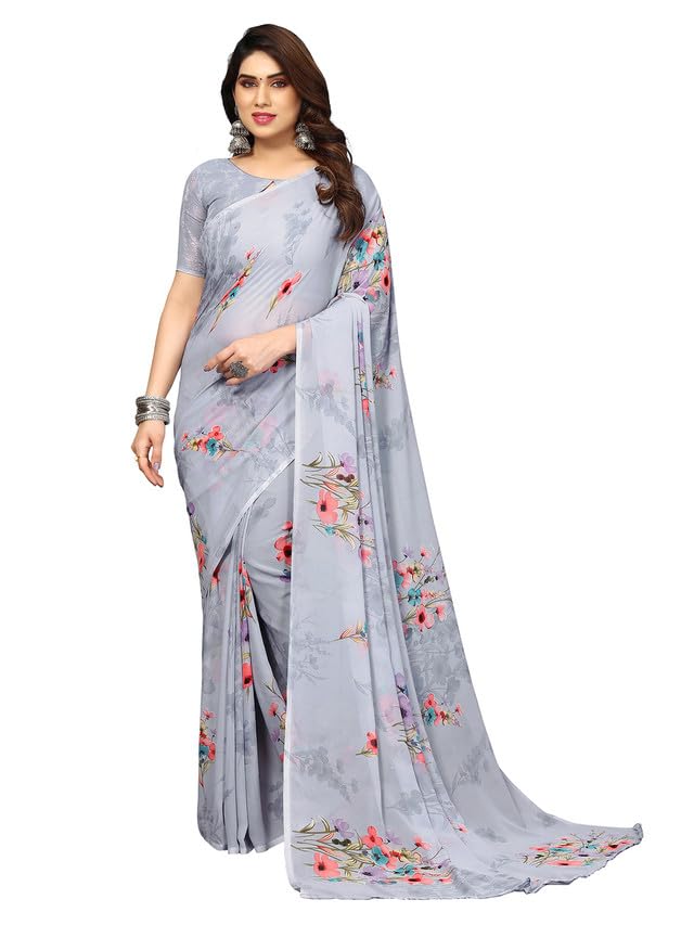 Satrani Georgette Womens Geoegette Floral Print Saree With Unstitched Blouse Piece (3112S2152Na_Grey1)