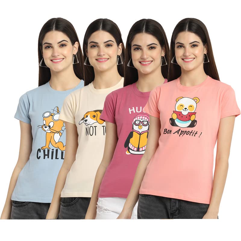 Preneum Womens Cotton Regular Fit Latest Graphic Stylish Printed Short Sleeves Casual T-Shirt || Latest Trendy & Style (Pack 4)
