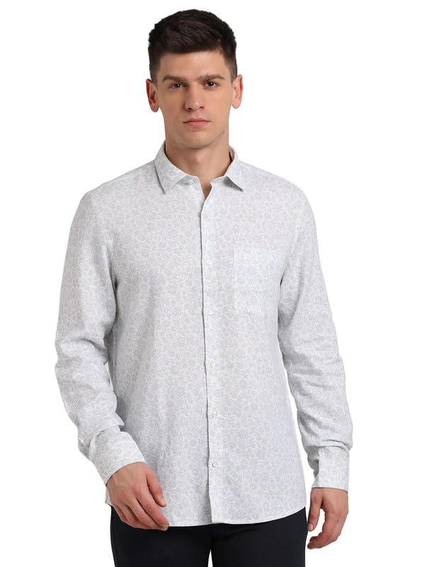 Turtle Men Linen Viscose Slim Fit White Printeds Party Shirt