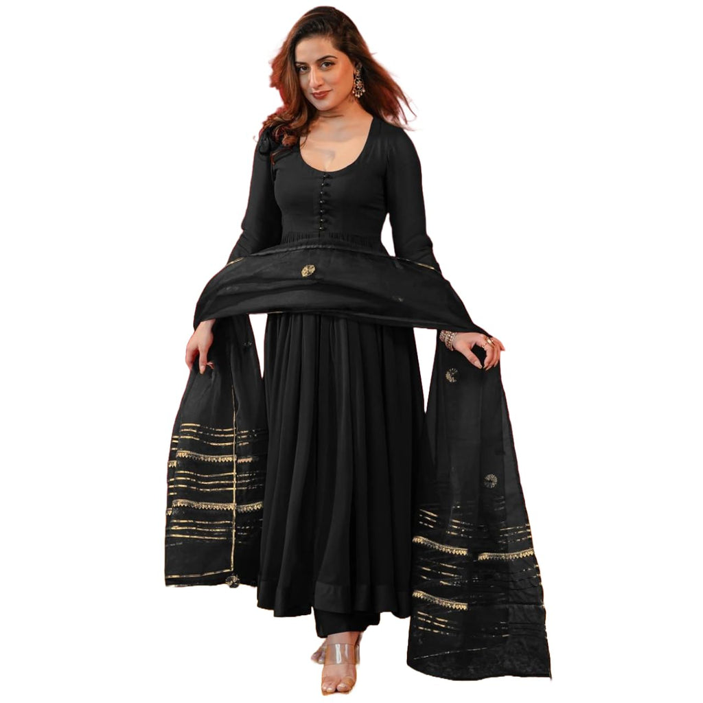 Gosriki WomenS Rayon Blend Anarkali Solid Kurta With Pant & Dupatta (Jayanti Black-Vks01-Gs_M_Black_Medium)