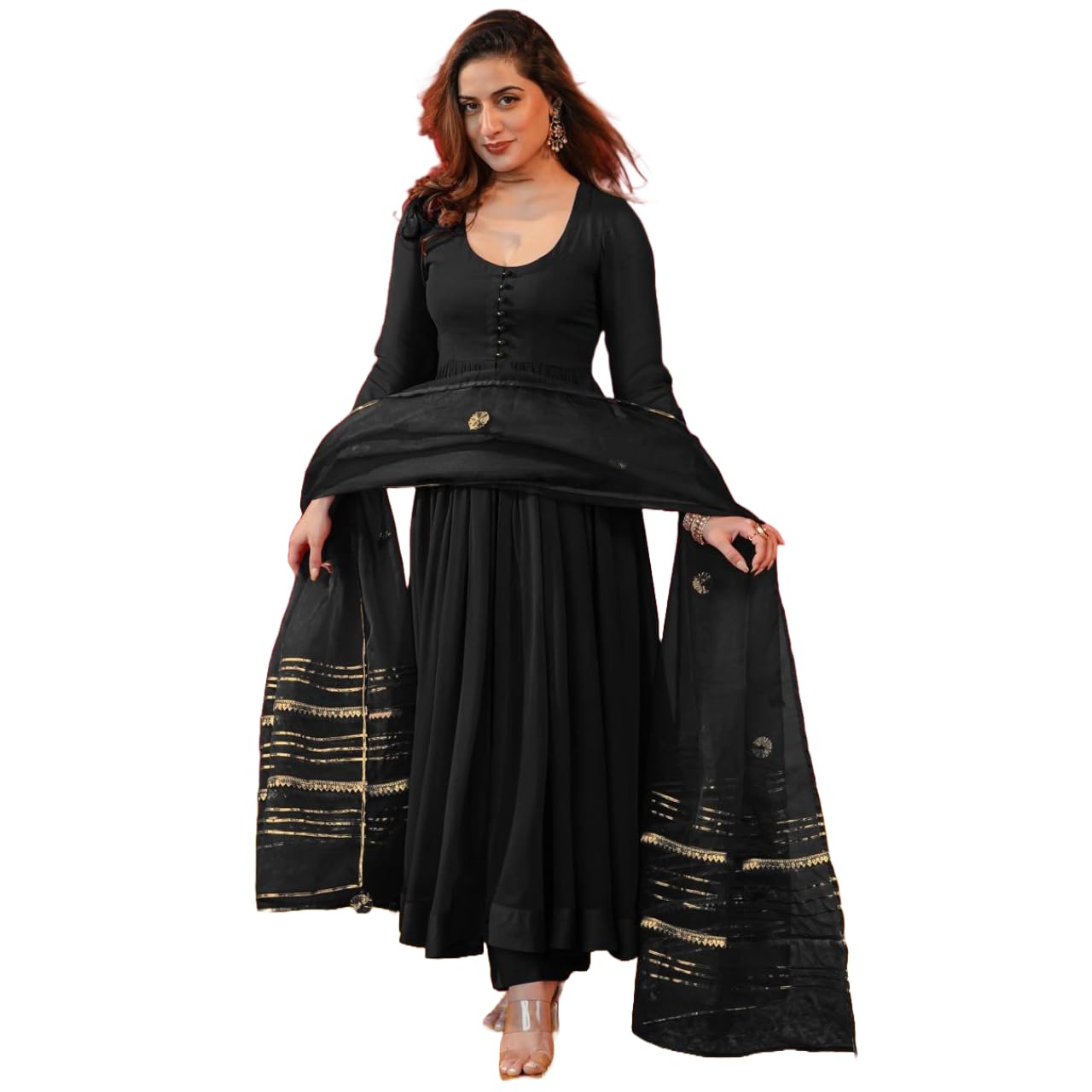 Gosriki WomenS Rayon Blend Anarkali Solid Kurta With Pant & Dupatta (Jayanti Black-Vks01-Gs_Xxl_Black_Xx-Large)