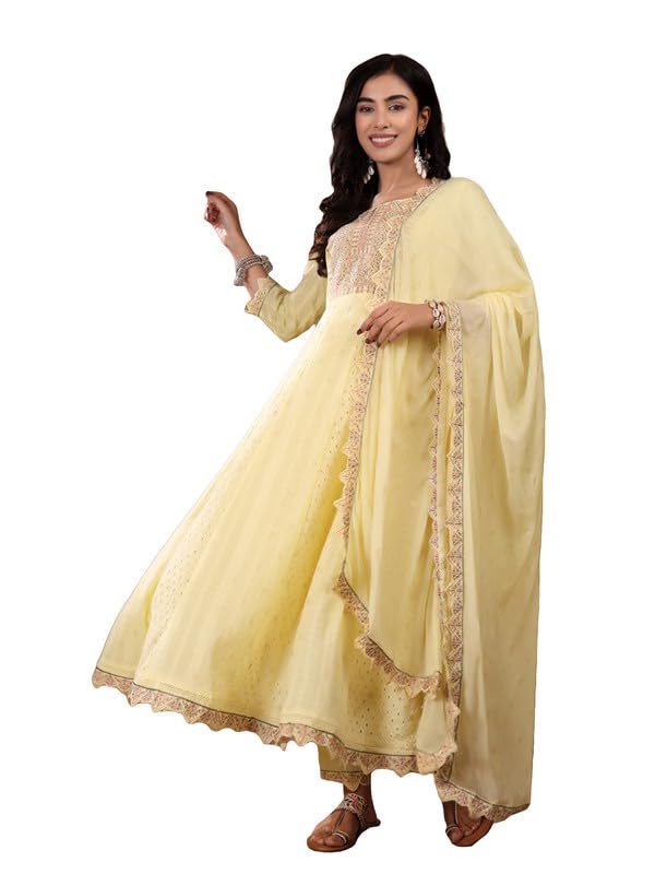 Varanga Women Schiffli Thread Work Embroidered Anarkali Kurta With Solid Bottom & Dupatta  Comfortable Cotton Fabric, Stylish An