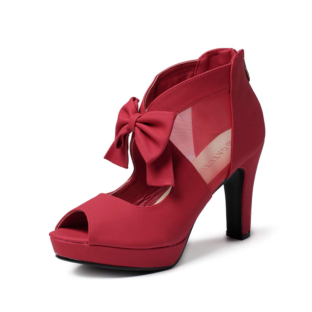 gATUXUS Open Toe Women Platform High Heel Shoes Bows Strappy Sandals (US 75, Red)
