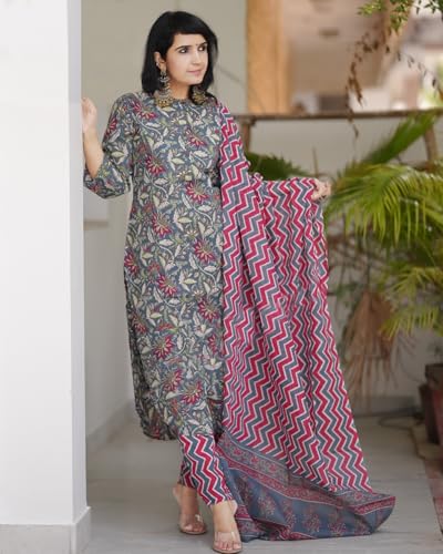 ANNI DESIGNER Womens Rayon Blend Straight Printed Kurta with Pant & Dupatta (Antari Grey_S_Grey_Small)