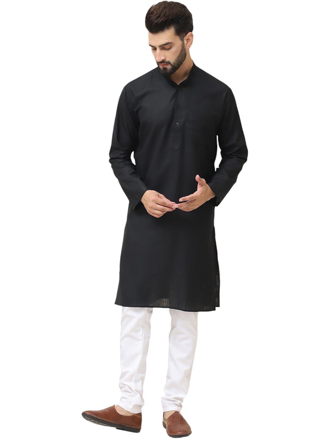 SOJANYA (Since 1958 Mens Cotton Blend Black Kurta With White Churidar Pyjama