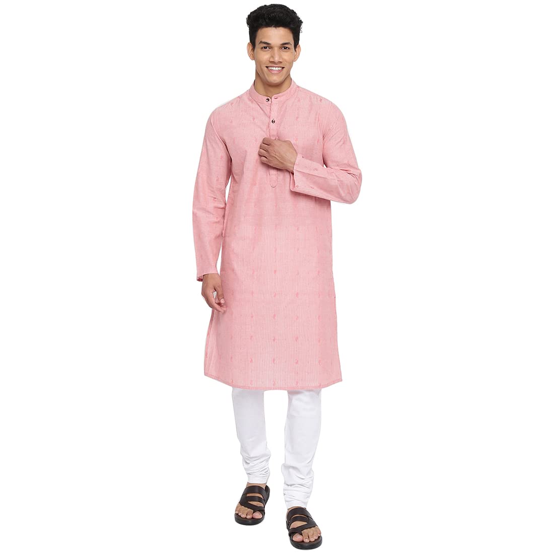 Fabindia Men Cotton Slim Fit Geometric Long Kurta Pink_M