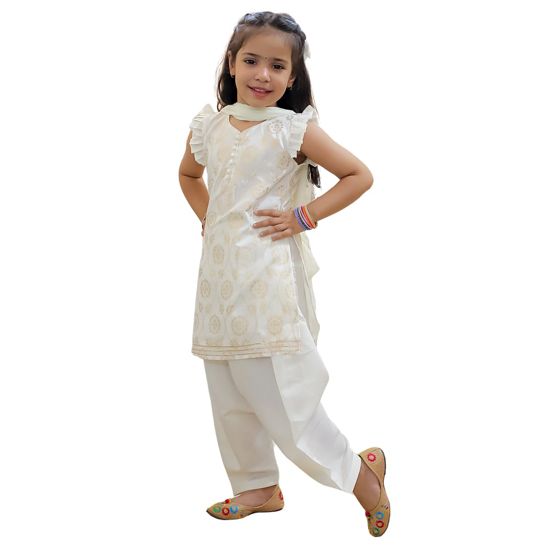 Bownbee Chanderi Kurti With Patiala Salwar And Dupatta For GirlsOff White (Set Of 1) Solid/Printed Colorful Full Length Fully S 14-15