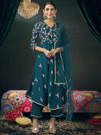 Sanisa Women'S Chinnon Sequins And Embroidery Work Anarkali Kurta With Pant And Dupatta Set