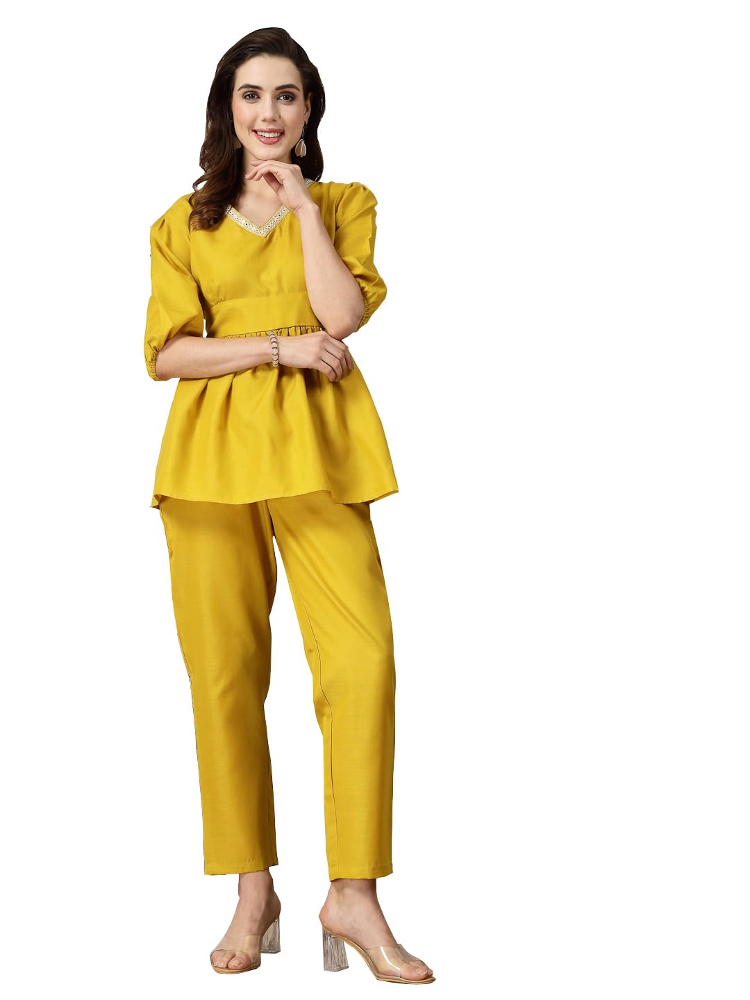 Stylum Womens Embroidered Cotton Blend Co-Ord Set (IN, Alpha, 2XL, Regular, Yellow)