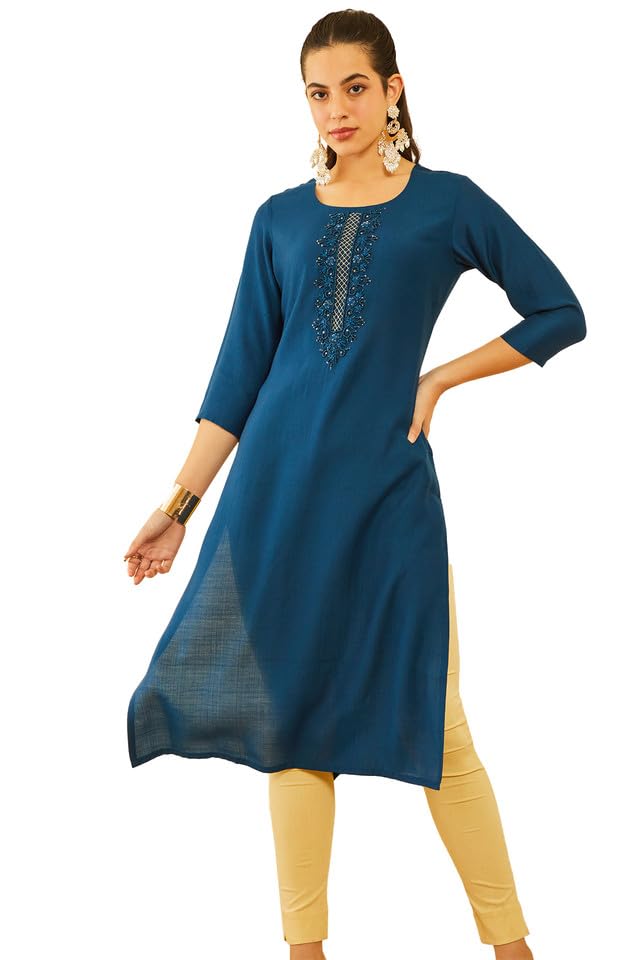 Soch Womens Navy Blue Viscose Kurta With Beads