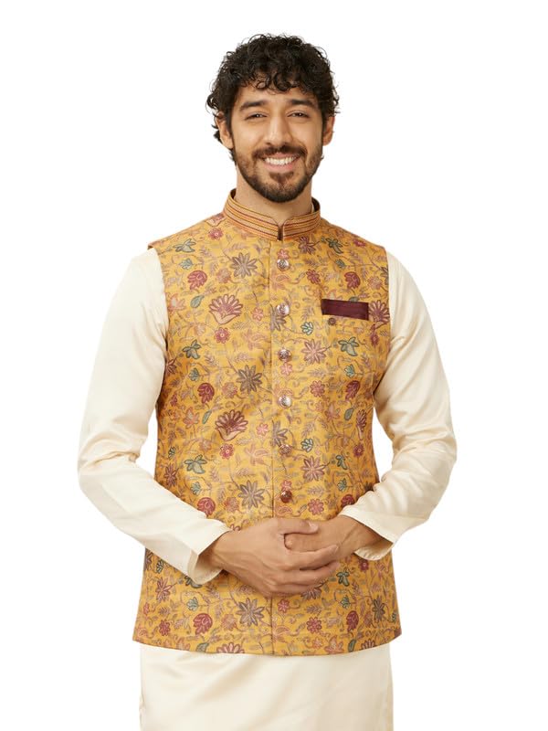Manyavar Mustard Art Silk Digital Printed|Embroidery Jackets For Men