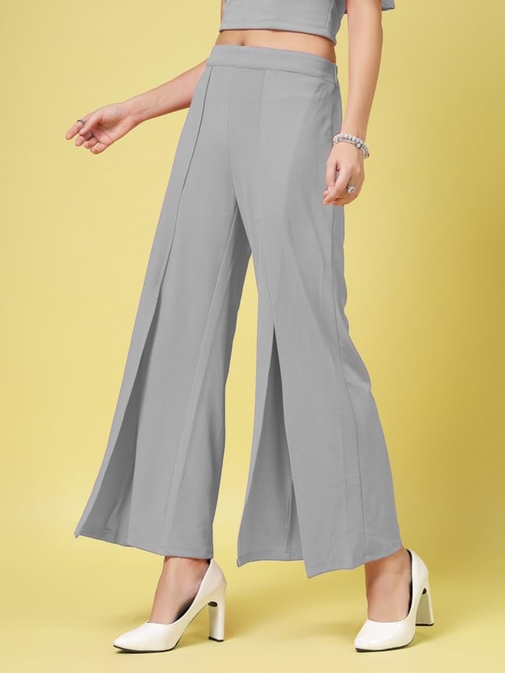 Womens Wide Leg Pants | Solid Grey Stretchable Polyester Trousers | Stylish Korean Clothing | Flared, Straight Fit, Baggy, and