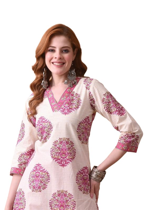 Daevish Cotton Floral Printed Casual Straight Kurta For Women | Women Formal Kurta Pink 2