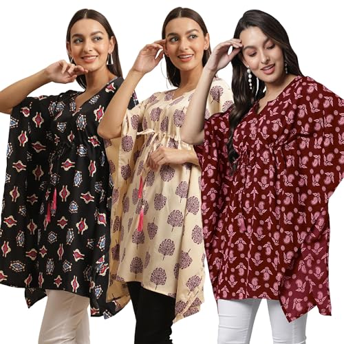 Tee Projekt Casual Crepe Kimino Sleeves Women'S Kaftan Dress Ll Comfortable & Stylish Kurta (Pack Of 3)