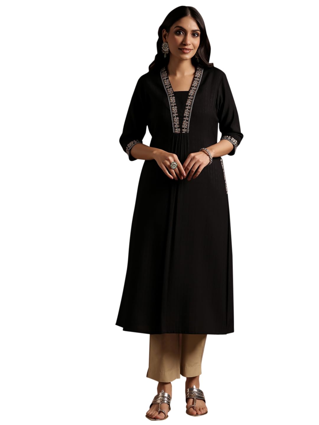 Libas Womens Yoke Design Silk A-Line Kurta For Women Black