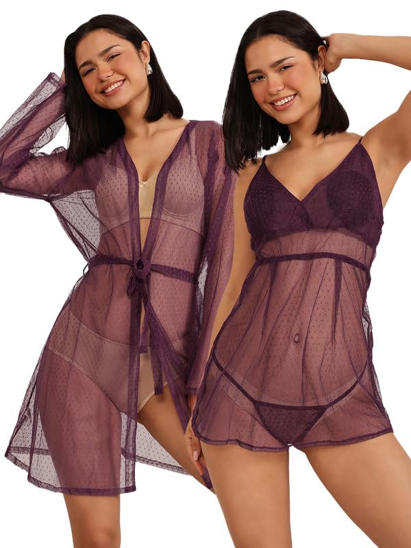 Clovia Womens Chic Basic Sheer Robe & Babydoll with G-String - Lace (COMNS2P15_Purple_L)