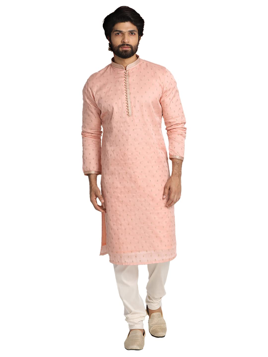 Manyavar MenS Kurta Set, Chanderi Silk Mandarin Collar Full Sleeve Kurte Set For Men Gajari (X-Large)
